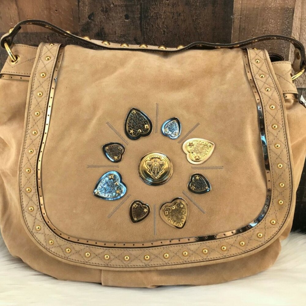 Gucci Irina Babouska Suede Shoulder Bag Tan - Authentic
